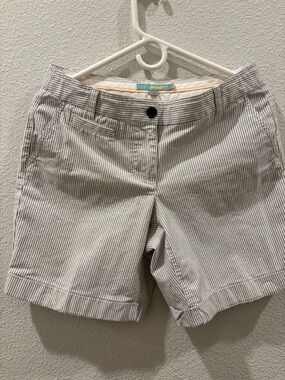 Boden Cream & Gray Striped Cotton Bermuda Shorts